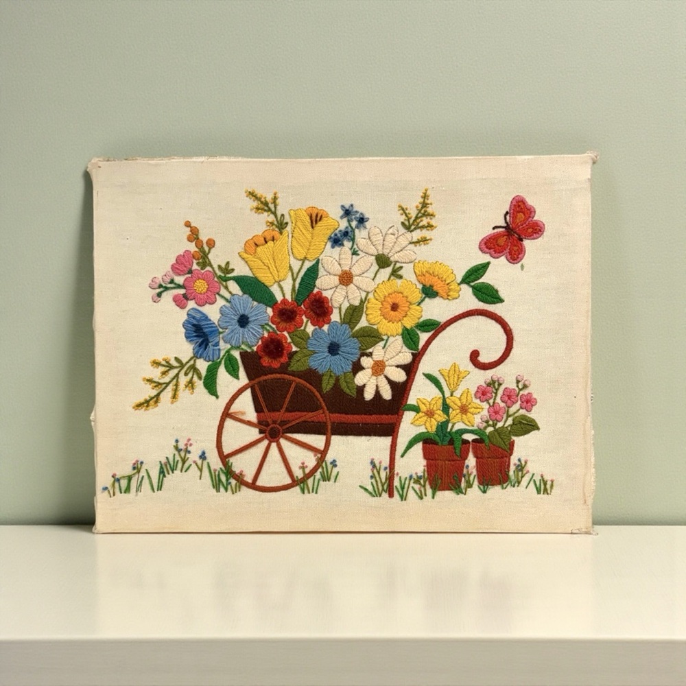 Vintage 70’s Flower Cart Crewel Art